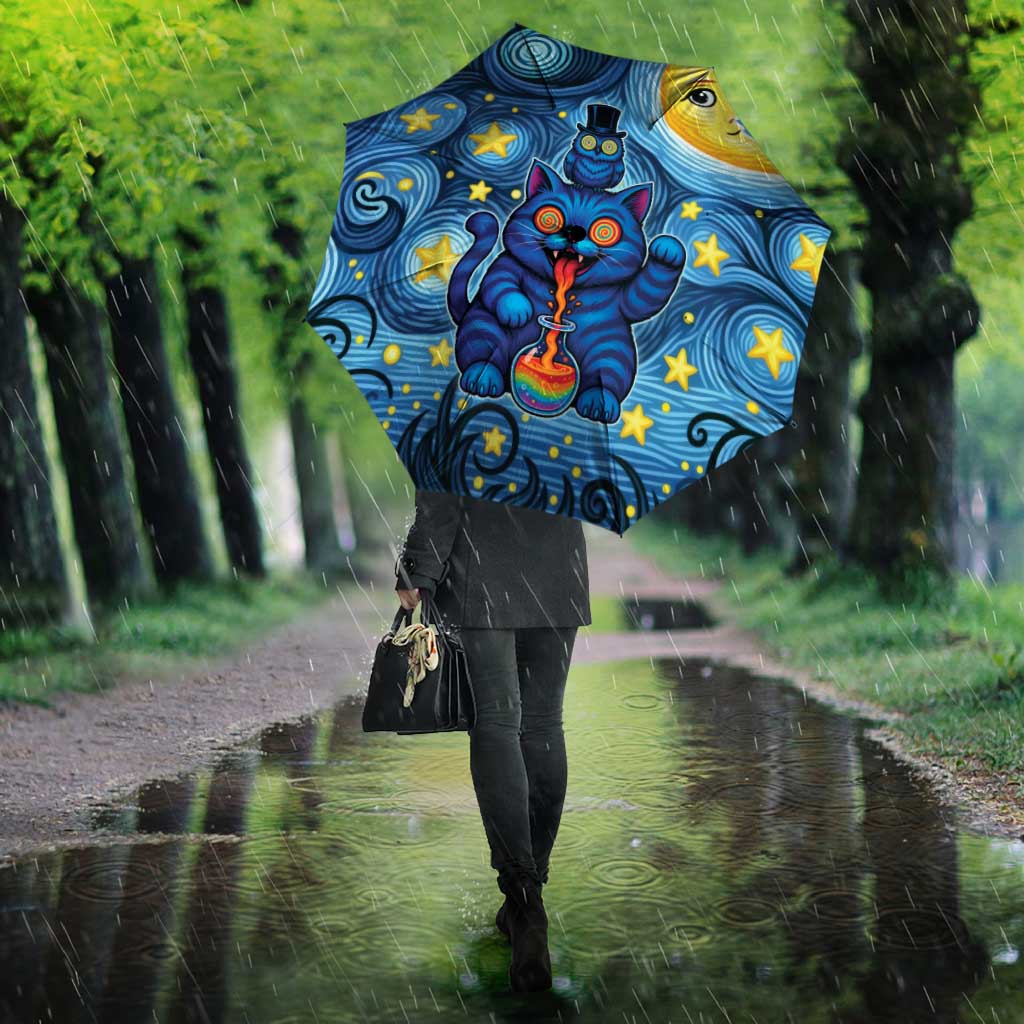 Trippy Cat and Owl Umbrella Starry Psychedelic Vibes - Wonder Print Shop