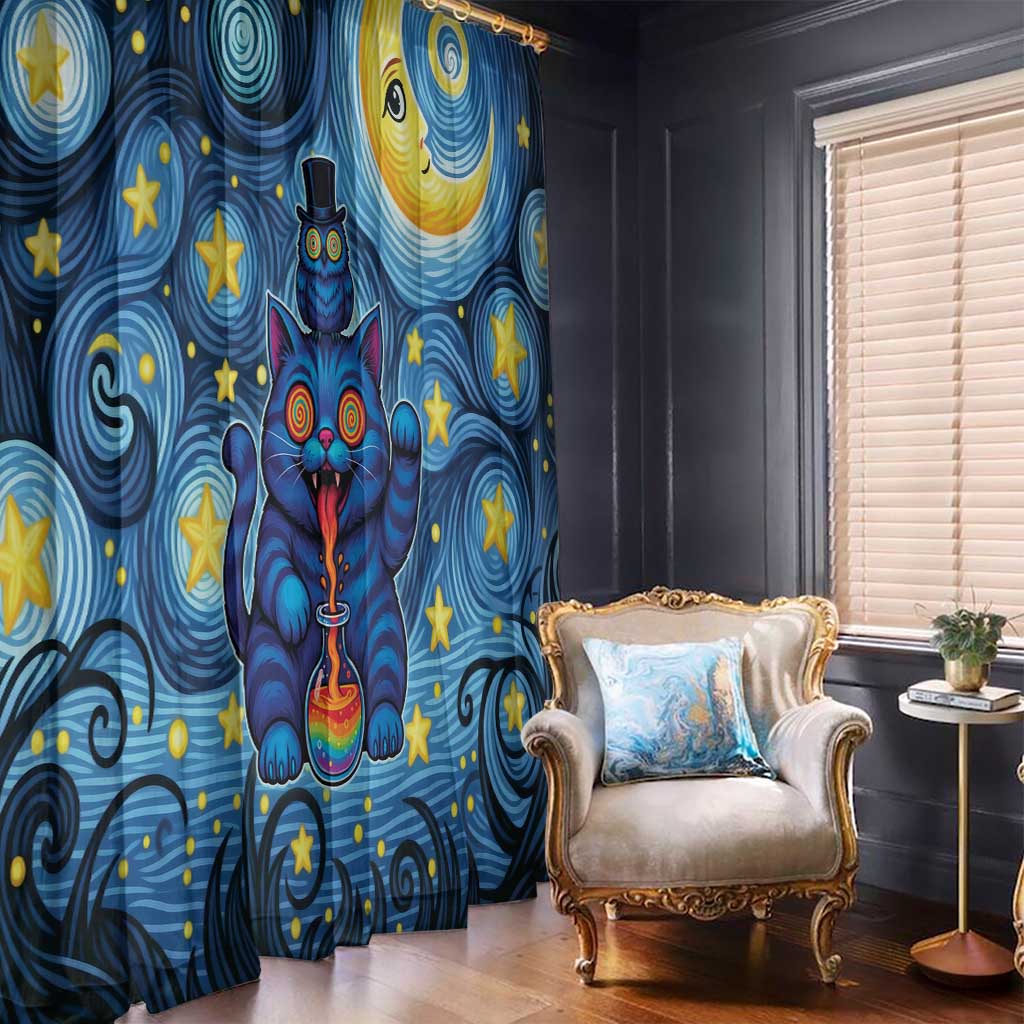 Trippy Cat and Owl Window Curtain Starry Psychedelic Vibes - Wonder Print Shop