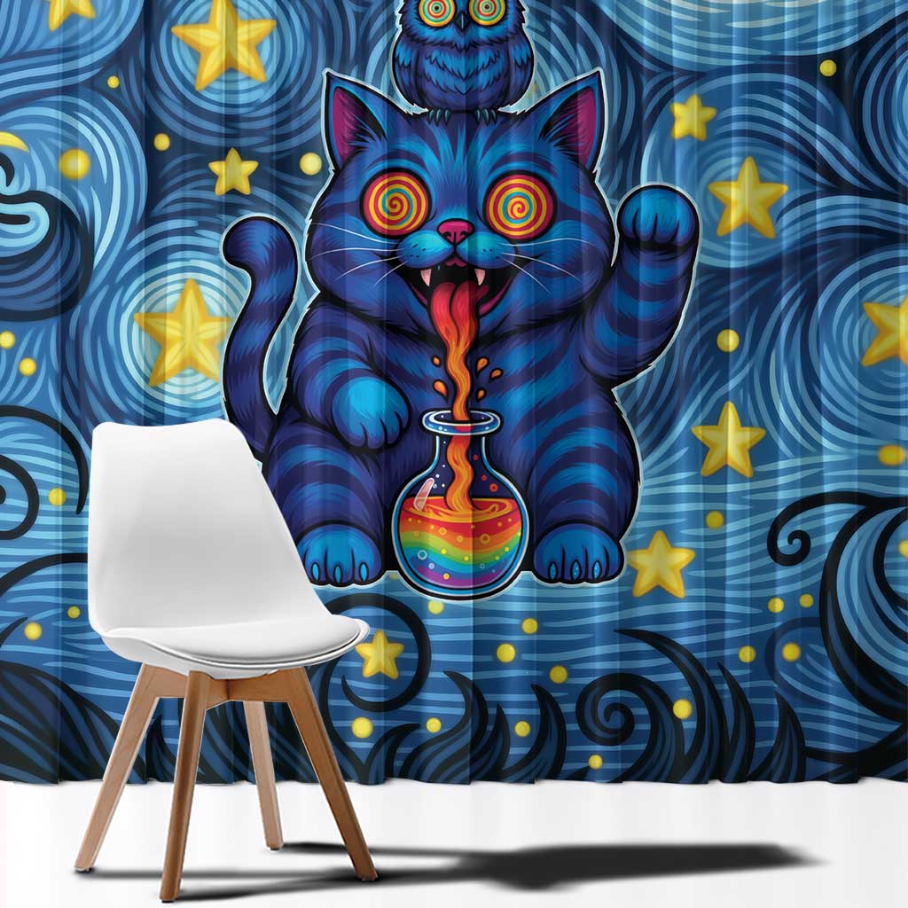 Trippy Cat and Owl Window Curtain Starry Psychedelic Vibes - Wonder Print Shop