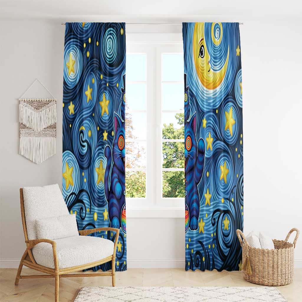 Trippy Cat and Owl Window Curtain Starry Psychedelic Vibes - Wonder Print Shop