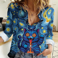 Trippy Cat and Owl Women Casual Shirt Starry Psychedelic Vibes - Wonder Print Shop