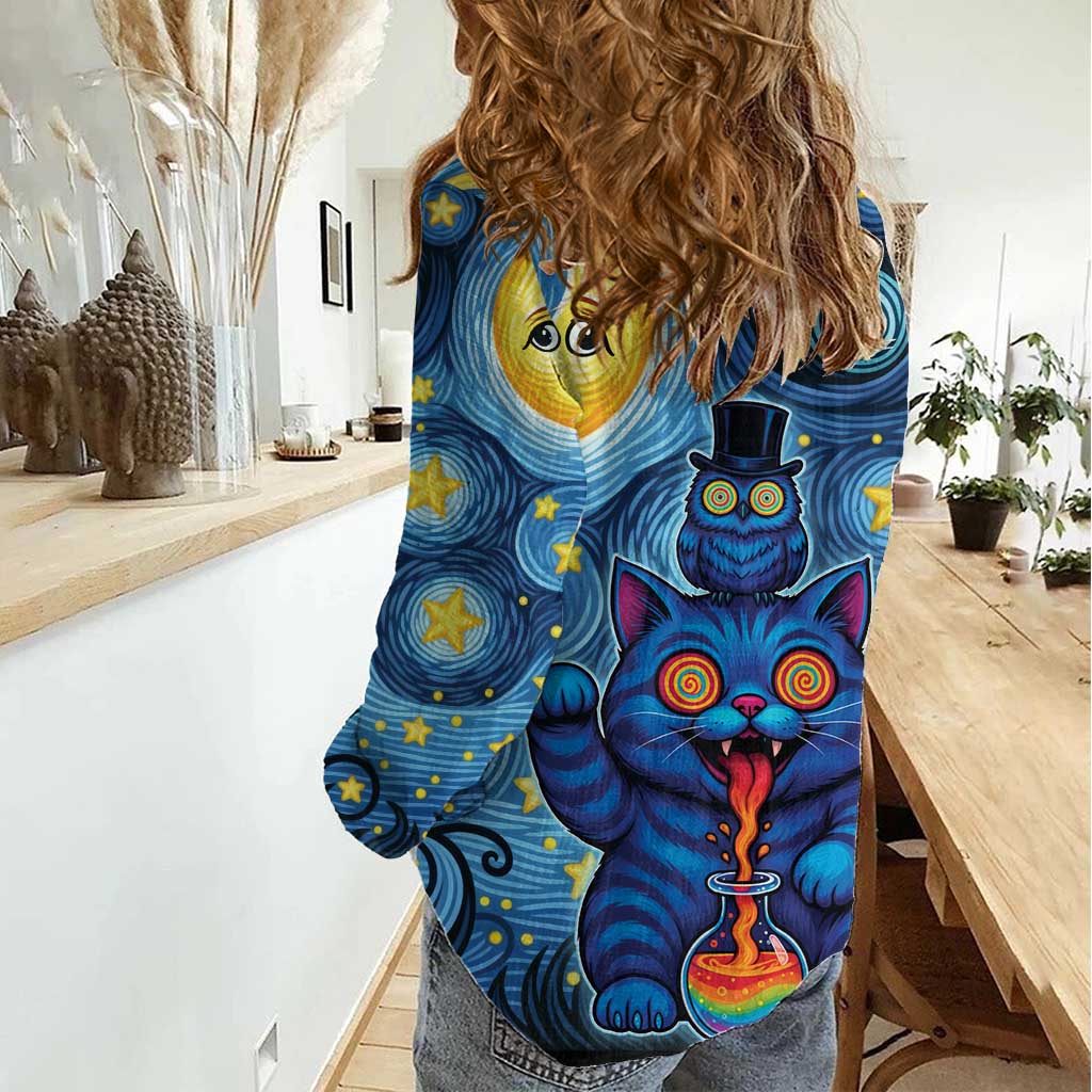 Trippy Cat and Owl Women Casual Shirt Starry Psychedelic Vibes - Wonder Print Shop