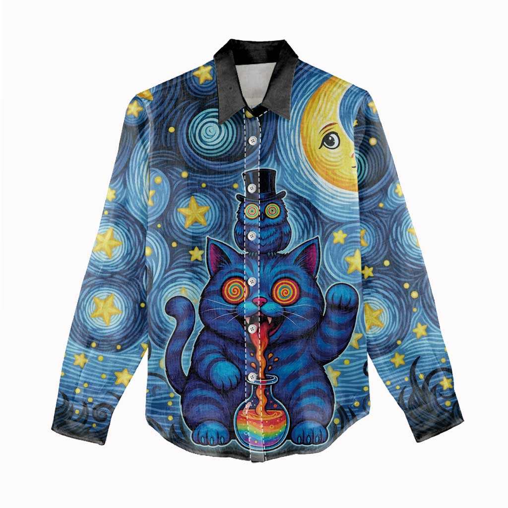 Trippy Cat and Owl Women Casual Shirt Starry Psychedelic Vibes - Wonder Print Shop