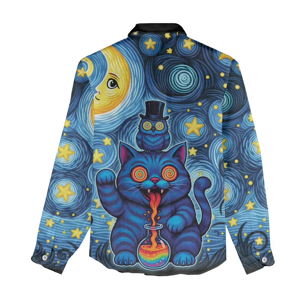 Trippy Cat and Owl Women Casual Shirt Starry Psychedelic Vibes - Wonder Print Shop