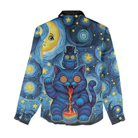 Trippy Cat and Owl Women Casual Shirt Starry Psychedelic Vibes - Wonder Print Shop