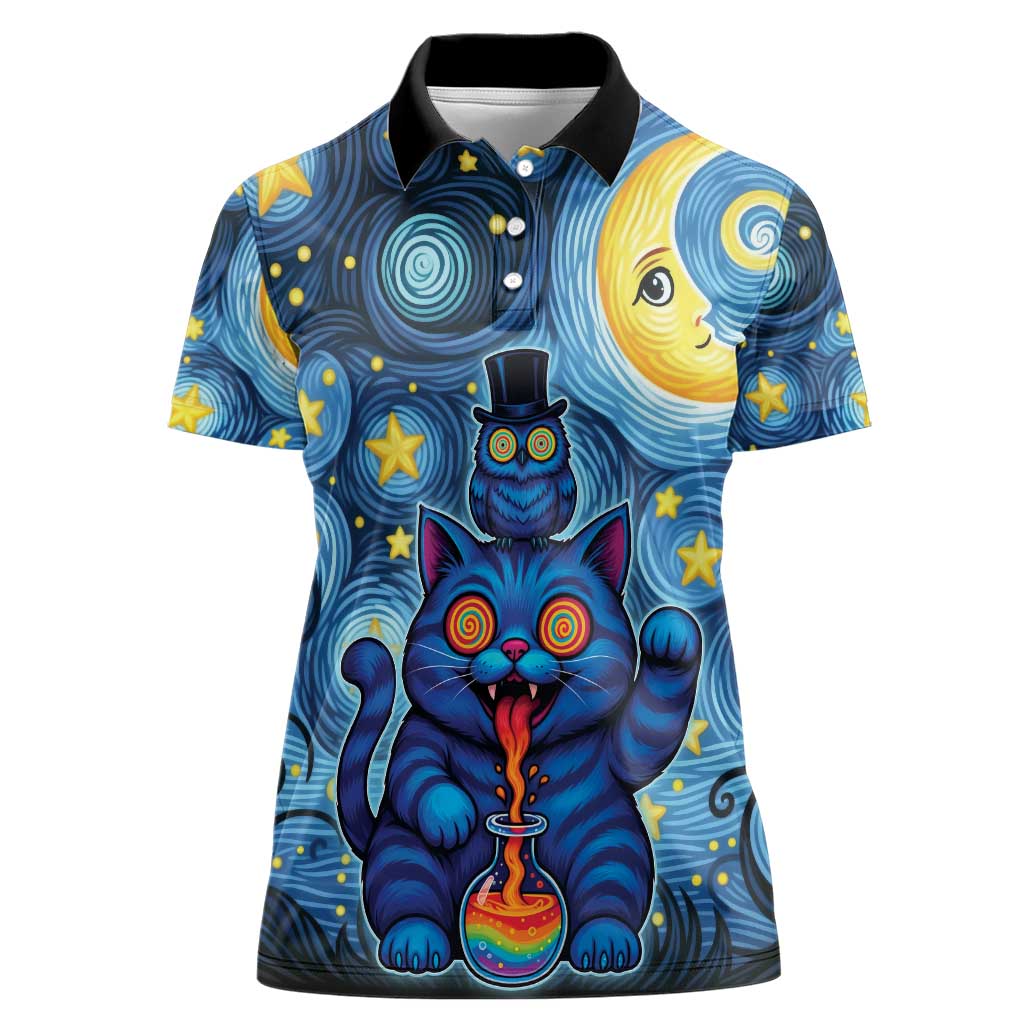 Trippy Cat and Owl Women Polo Shirt Starry Psychedelic Vibes - Wonder Print Shop