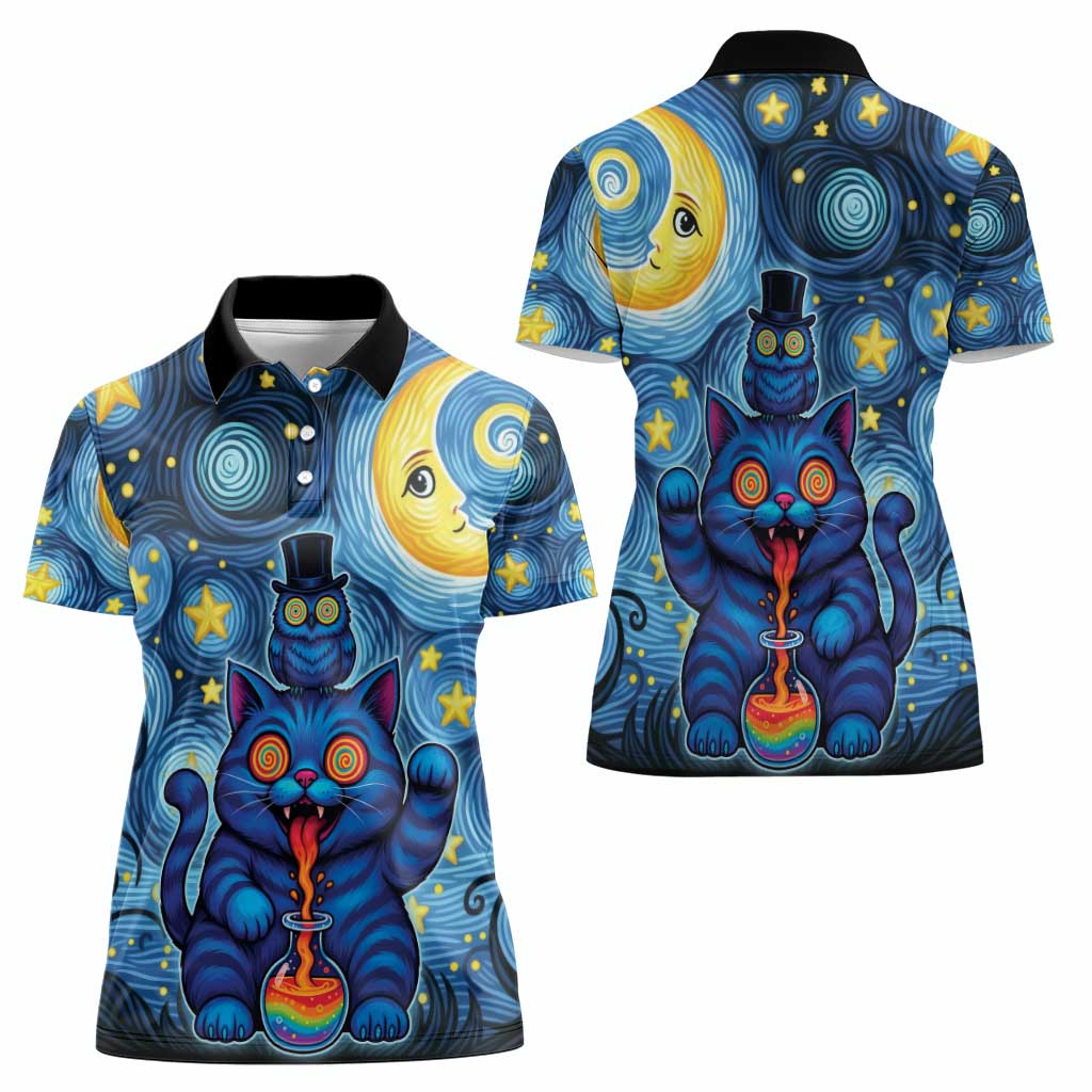 Trippy Cat and Owl Women Polo Shirt Starry Psychedelic Vibes - Wonder Print Shop