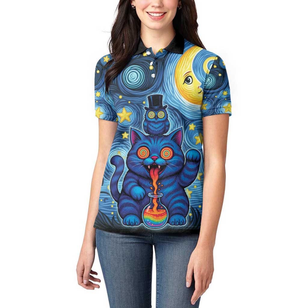 Trippy Cat and Owl Women Polo Shirt Starry Psychedelic Vibes - Wonder Print Shop