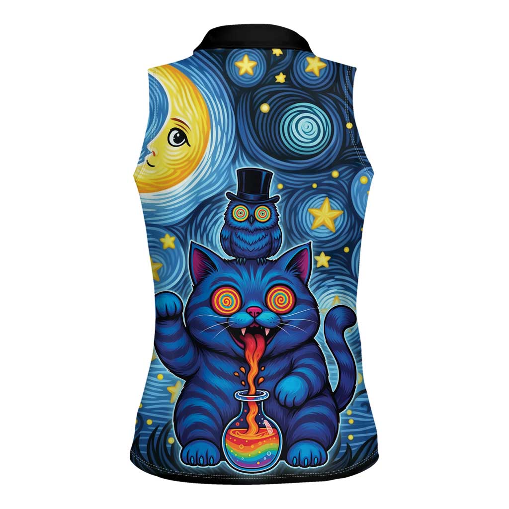 Trippy Cat and Owl Women Sleeveless Polo Shirt Starry Psychedelic Vibes - Wonder Print Shop