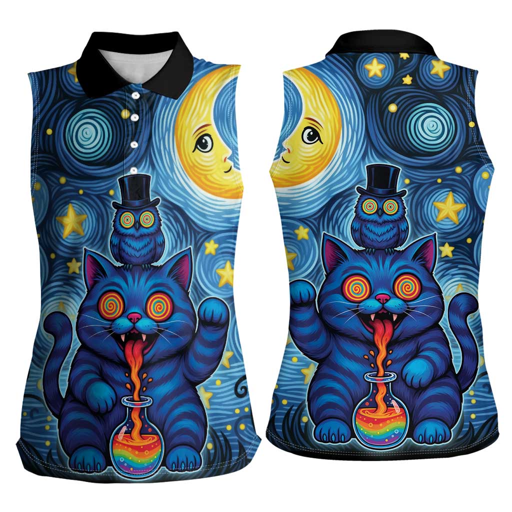 Trippy Cat and Owl Women Sleeveless Polo Shirt Starry Psychedelic Vibes - Wonder Print Shop