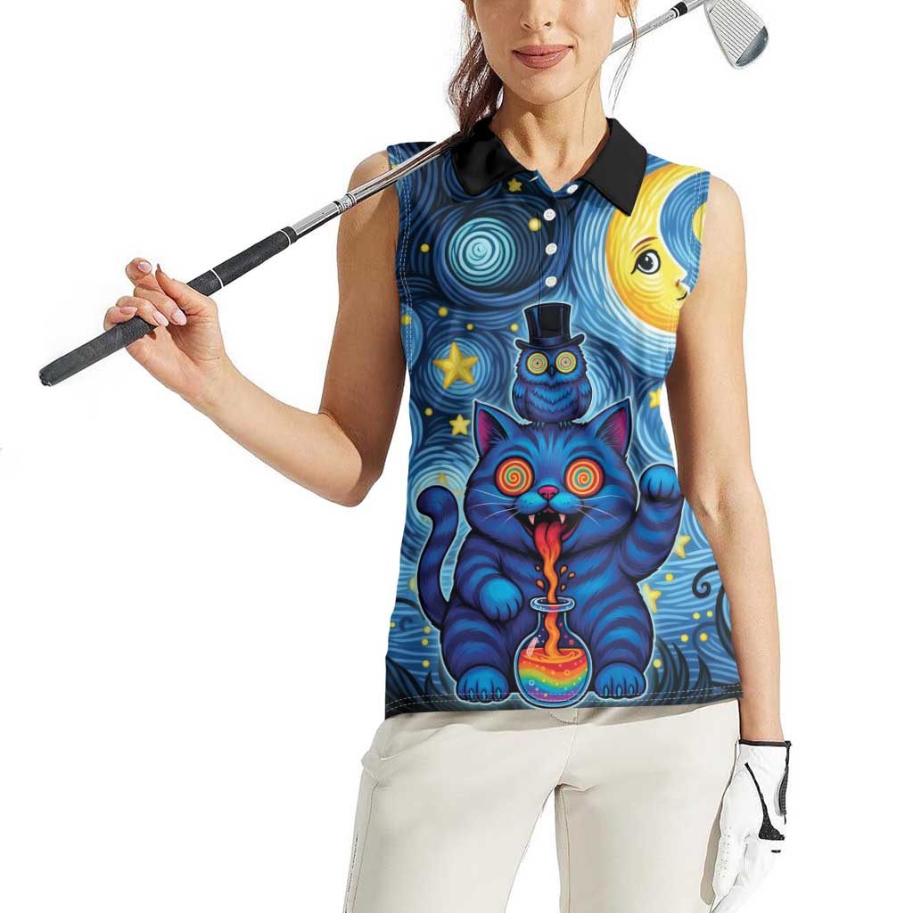 Trippy Cat and Owl Women Sleeveless Polo Shirt Starry Psychedelic Vibes - Wonder Print Shop