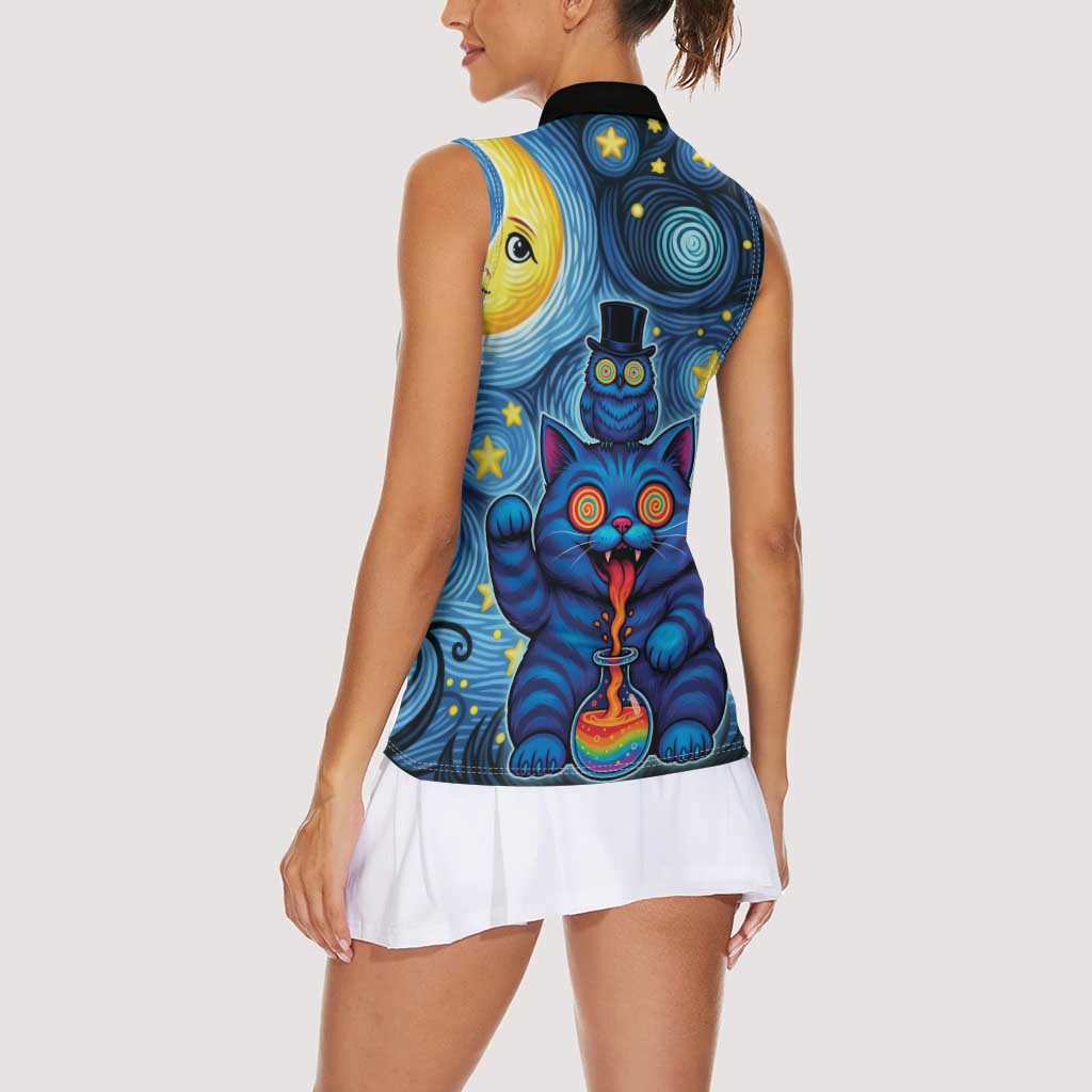 Trippy Cat and Owl Women Sleeveless Polo Shirt Starry Psychedelic Vibes - Wonder Print Shop