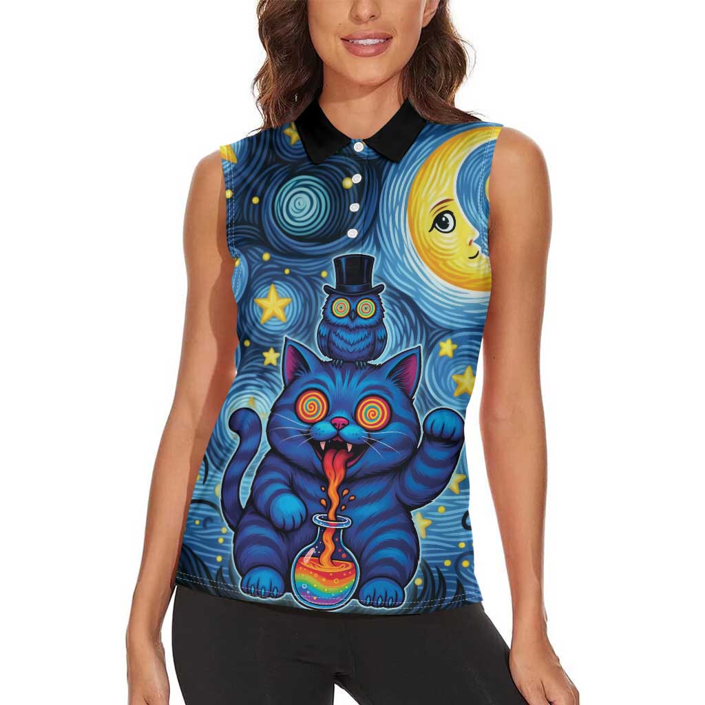 Trippy Cat and Owl Women Sleeveless Polo Shirt Starry Psychedelic Vibes - Wonder Print Shop