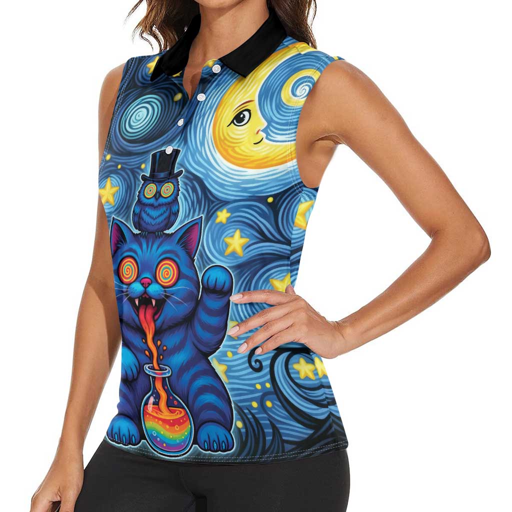 Trippy Cat and Owl Women Sleeveless Polo Shirt Starry Psychedelic Vibes - Wonder Print Shop