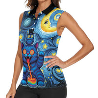 Trippy Cat and Owl Women Sleeveless Polo Shirt Starry Psychedelic Vibes - Wonder Print Shop