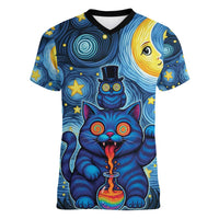 Trippy Cat and Owl Women V-Neck T-Shirt Starry Psychedelic Vibes - Wonder Print Shop