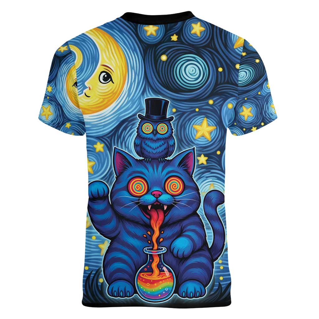 Trippy Cat and Owl Women V-Neck T-Shirt Starry Psychedelic Vibes - Wonder Print Shop