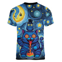 Trippy Cat and Owl Women V-Neck T-Shirt Starry Psychedelic Vibes - Wonder Print Shop