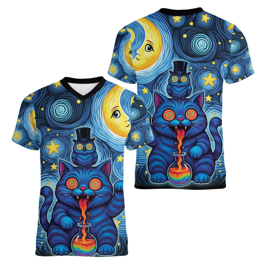 Trippy Cat and Owl Women V-Neck T-Shirt Starry Psychedelic Vibes - Wonder Print Shop