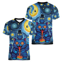 Trippy Cat and Owl Women V-Neck T-Shirt Starry Psychedelic Vibes - Wonder Print Shop