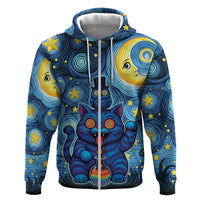 Trippy Cat and Owl Zip Hoodie Starry Psychedelic Vibes - Wonder Print Shop