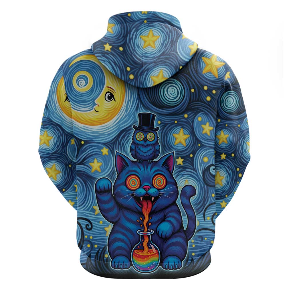 Trippy Cat and Owl Zip Hoodie Starry Psychedelic Vibes - Wonder Print Shop