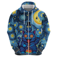Trippy Cat and Owl Zip Hoodie Starry Psychedelic Vibes - Wonder Print Shop