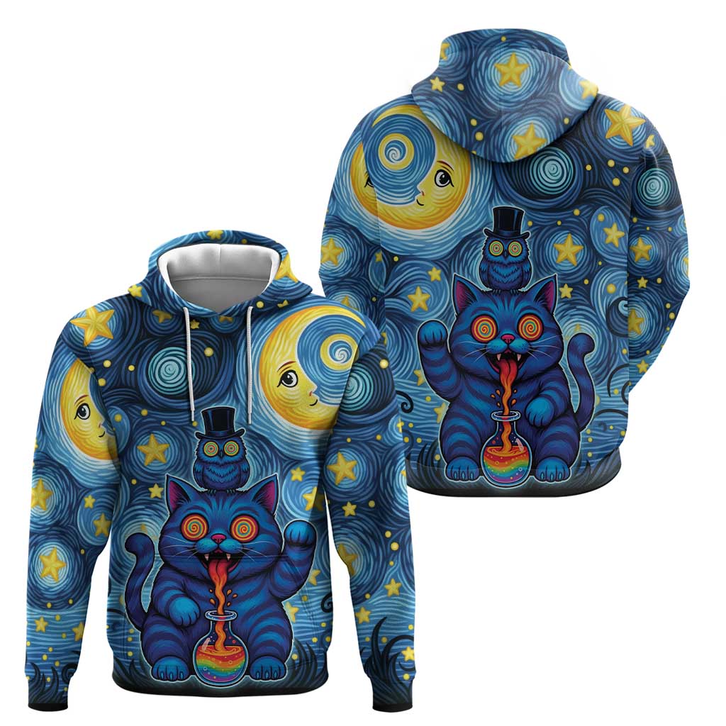 Trippy Cat and Owl Zip Hoodie Starry Psychedelic Vibes - Wonder Print Shop