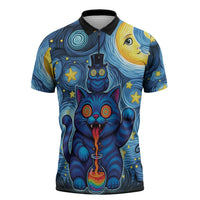 Trippy Cat and Owl Zipper Polo Shirt Starry Psychedelic Vibes - Wonder Print Shop