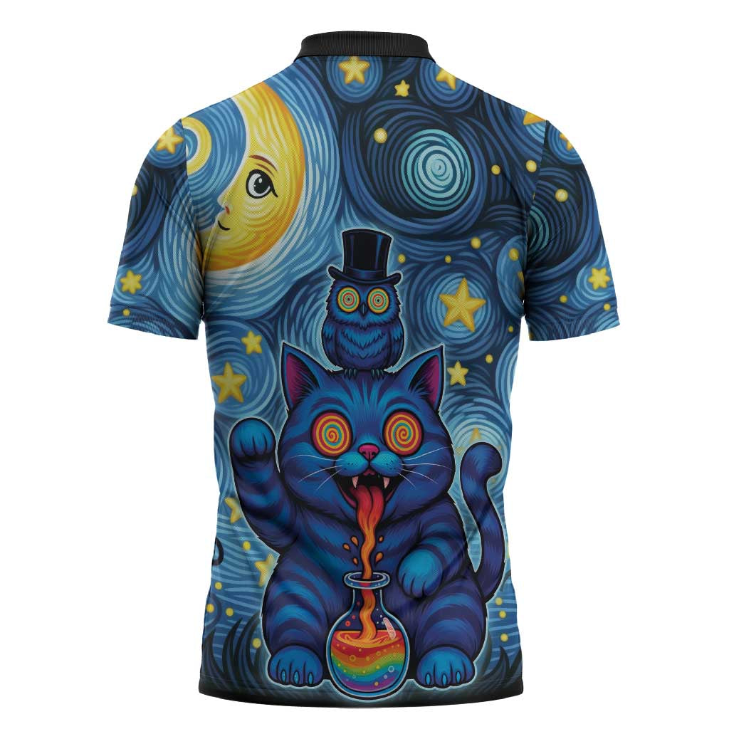 Trippy Cat and Owl Zipper Polo Shirt Starry Psychedelic Vibes - Wonder Print Shop