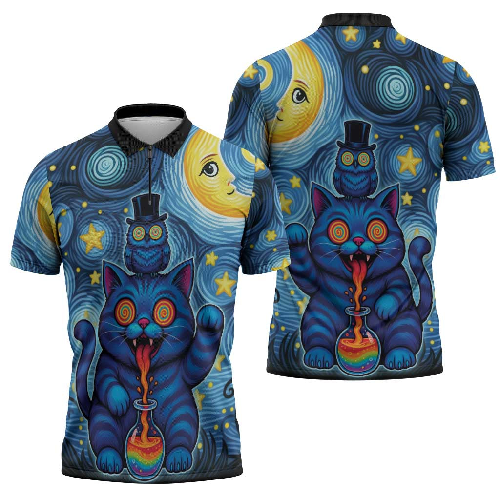 Trippy Cat and Owl Zipper Polo Shirt Starry Psychedelic Vibes - Wonder Print Shop