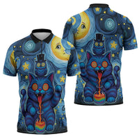 Trippy Cat and Owl Zipper Polo Shirt Starry Psychedelic Vibes - Wonder Print Shop