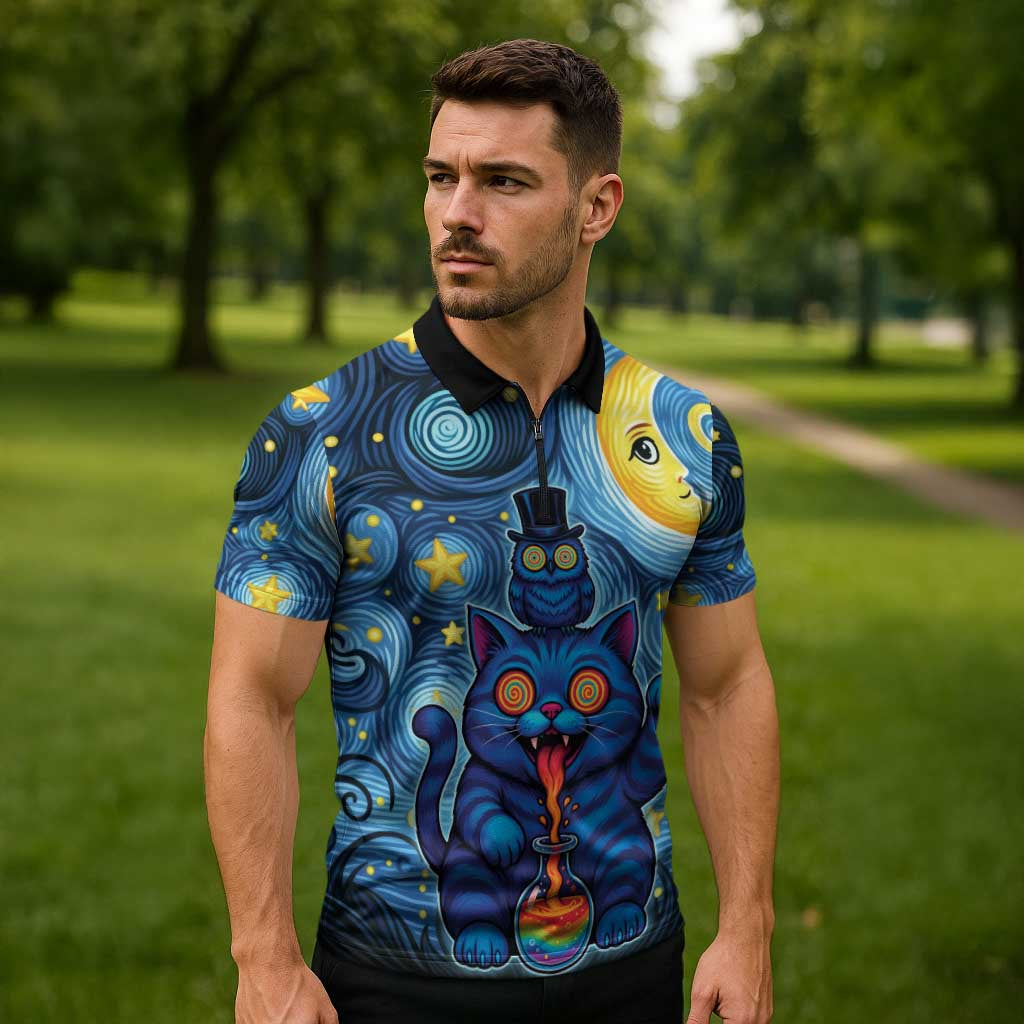 Trippy Cat and Owl Zipper Polo Shirt Starry Psychedelic Vibes - Wonder Print Shop