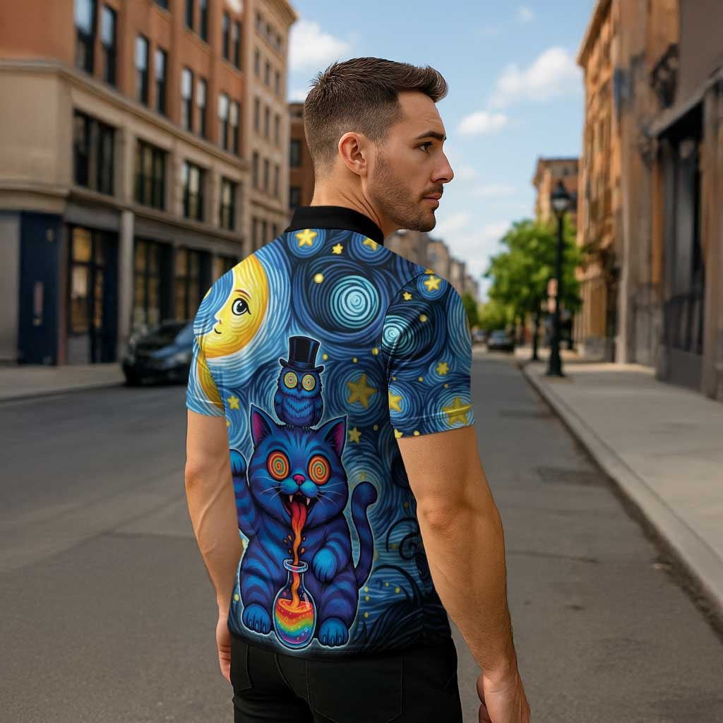 Trippy Cat and Owl Zipper Polo Shirt Starry Psychedelic Vibes - Wonder Print Shop
