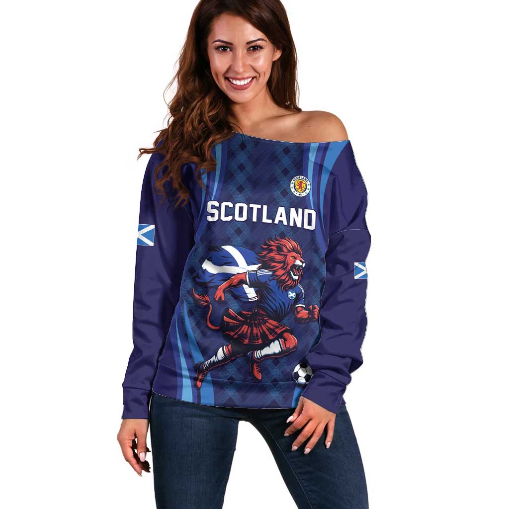 Custom World Football 2026 Scotland Off Shoulder Sweater Lion Mascot Go Scottish