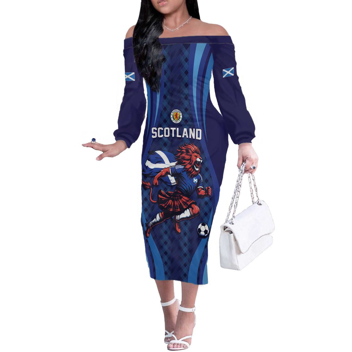 Custom World Football 2026 Scotland Off The Shoulder Long Sleeve Dress Lion Mascot Go Scottish