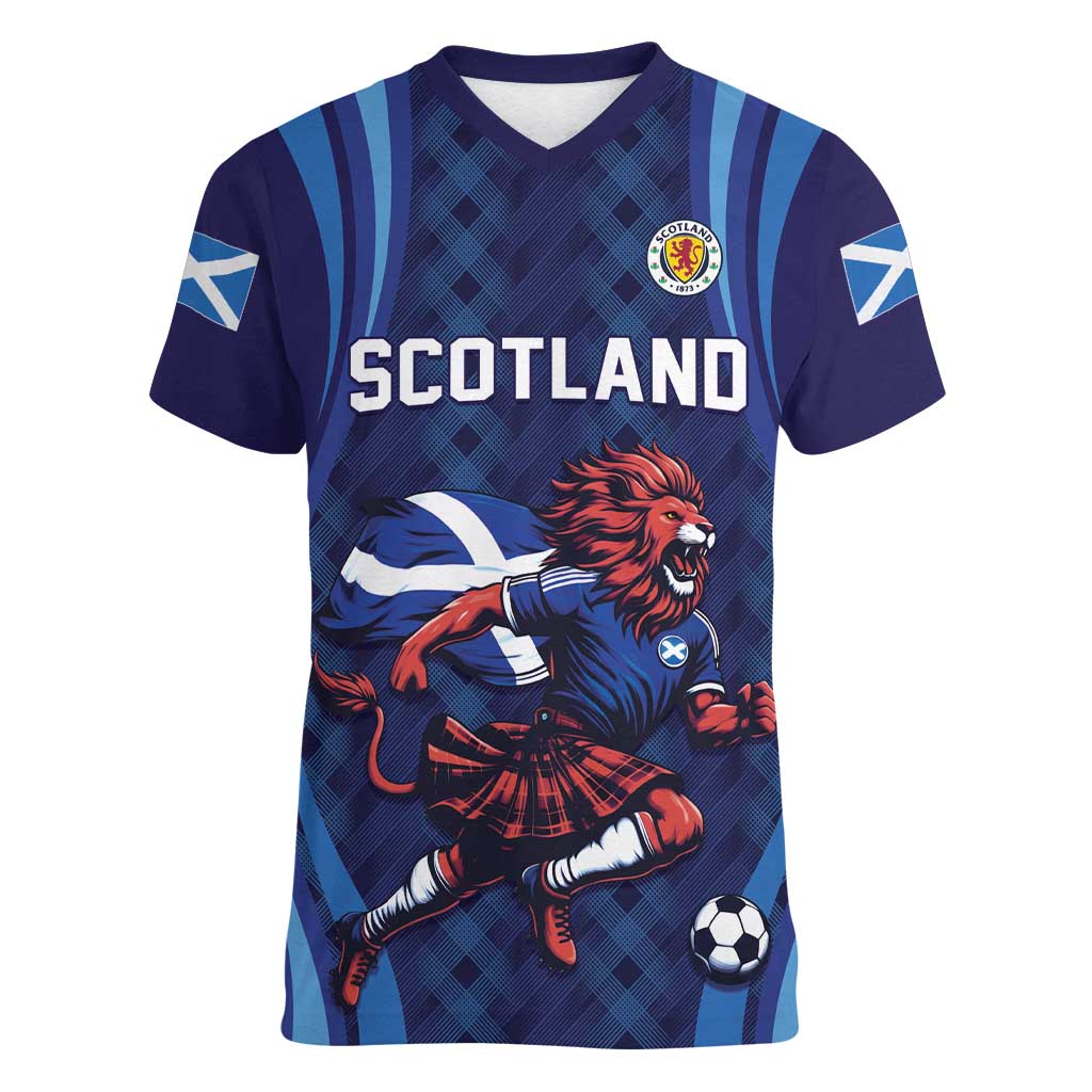 Custom World Football 2026 Scotland Women V-Neck T-Shirt Lion Mascot Go Scottish