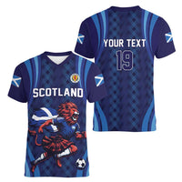 Custom World Football 2026 Scotland Women V-Neck T-Shirt Lion Mascot Go Scottish