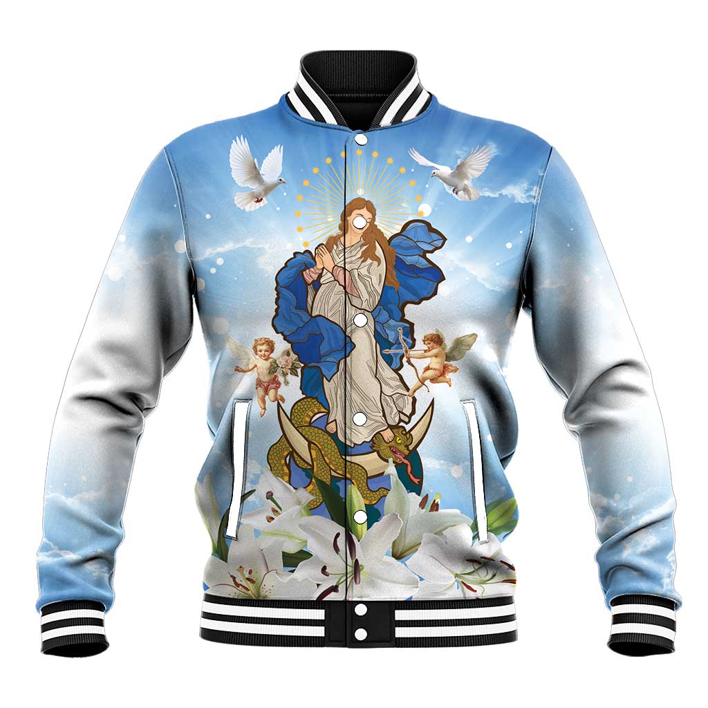 Italy Immaculate Conception Feast Day Baseball Jacket Virgin Mary with Cross And Lily Flower LT19