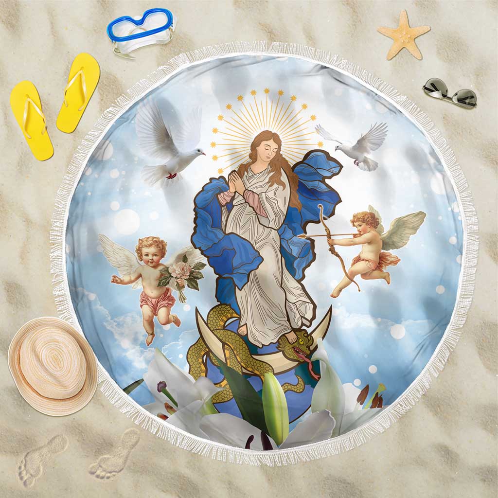 Italy Immaculate Conception Feast Day Beach Blanket Virgin Mary with Cross And Lily Flower - Wonder Print Shop