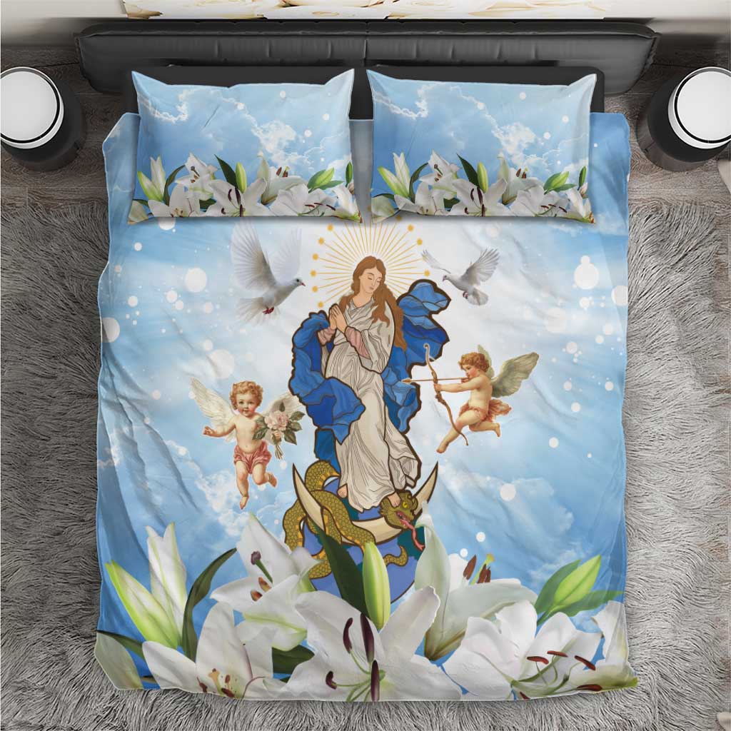 Italy Immaculate Conception Feast Day Bedding Set Virgin Mary with Cross And Lily Flower - Wonder Print Shop