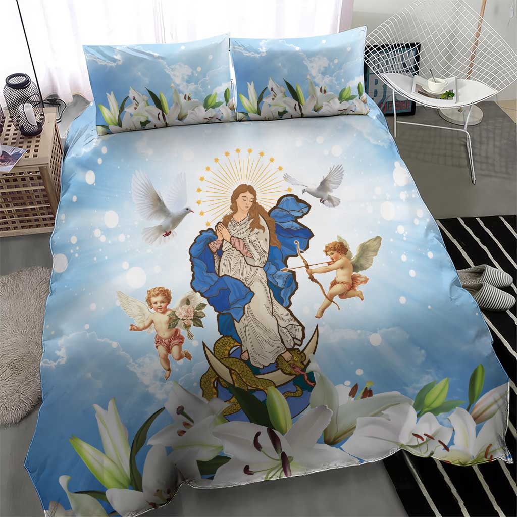 Italy Immaculate Conception Feast Day Bedding Set Virgin Mary with Cross And Lily Flower - Wonder Print Shop