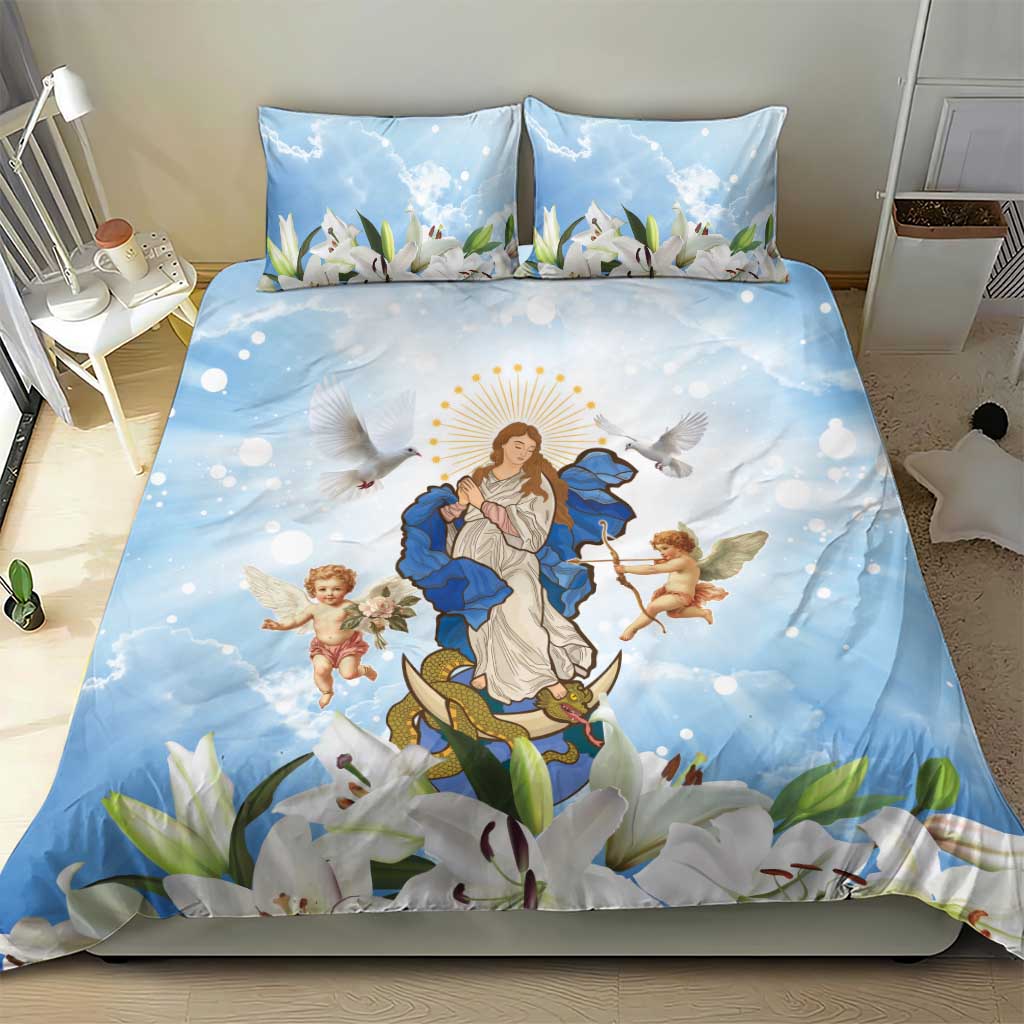Italy Immaculate Conception Feast Day Bedding Set Virgin Mary with Cross And Lily Flower - Wonder Print Shop