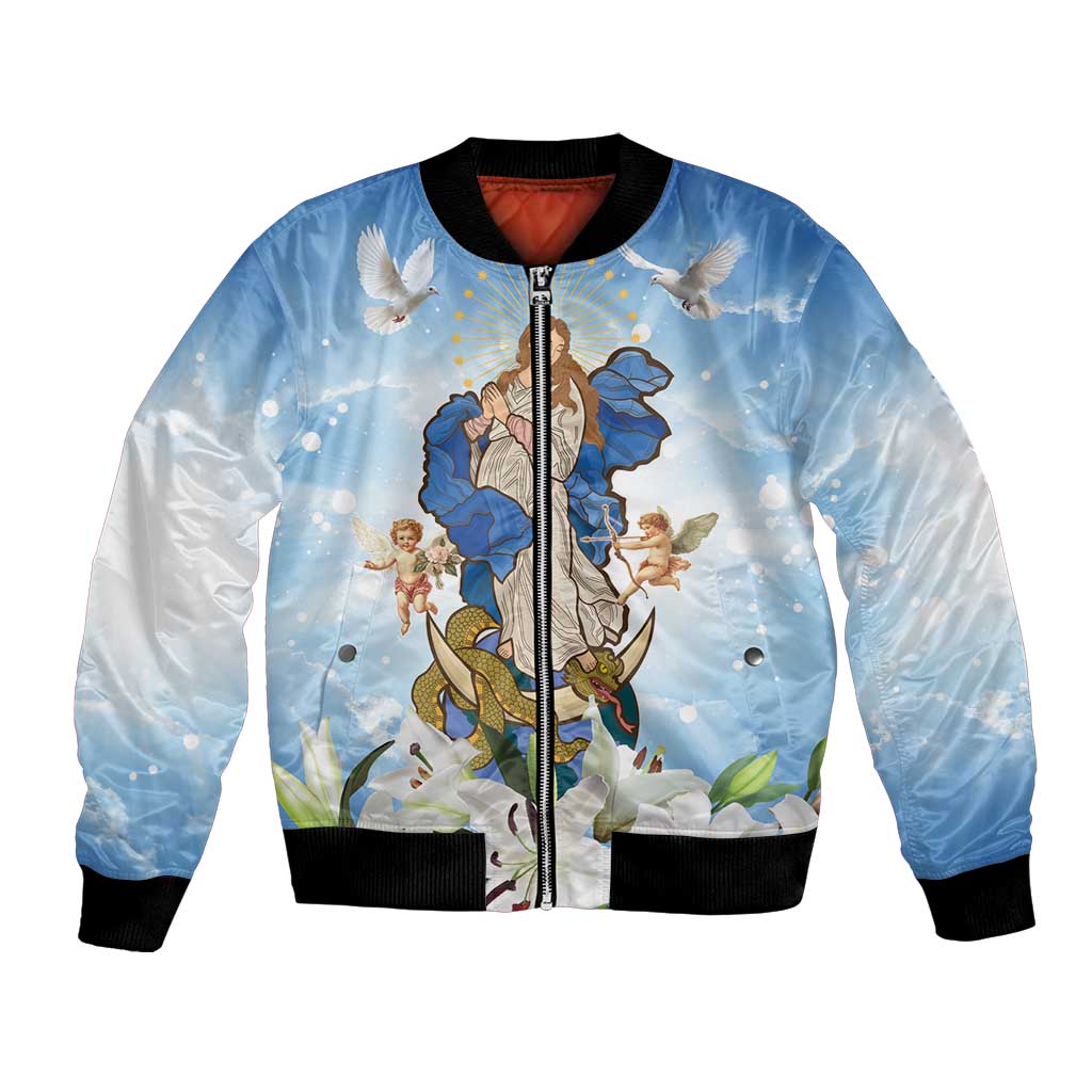 Italy Immaculate Conception Feast Day Bomber Jacket Virgin Mary with Cross And Lily Flower LT19