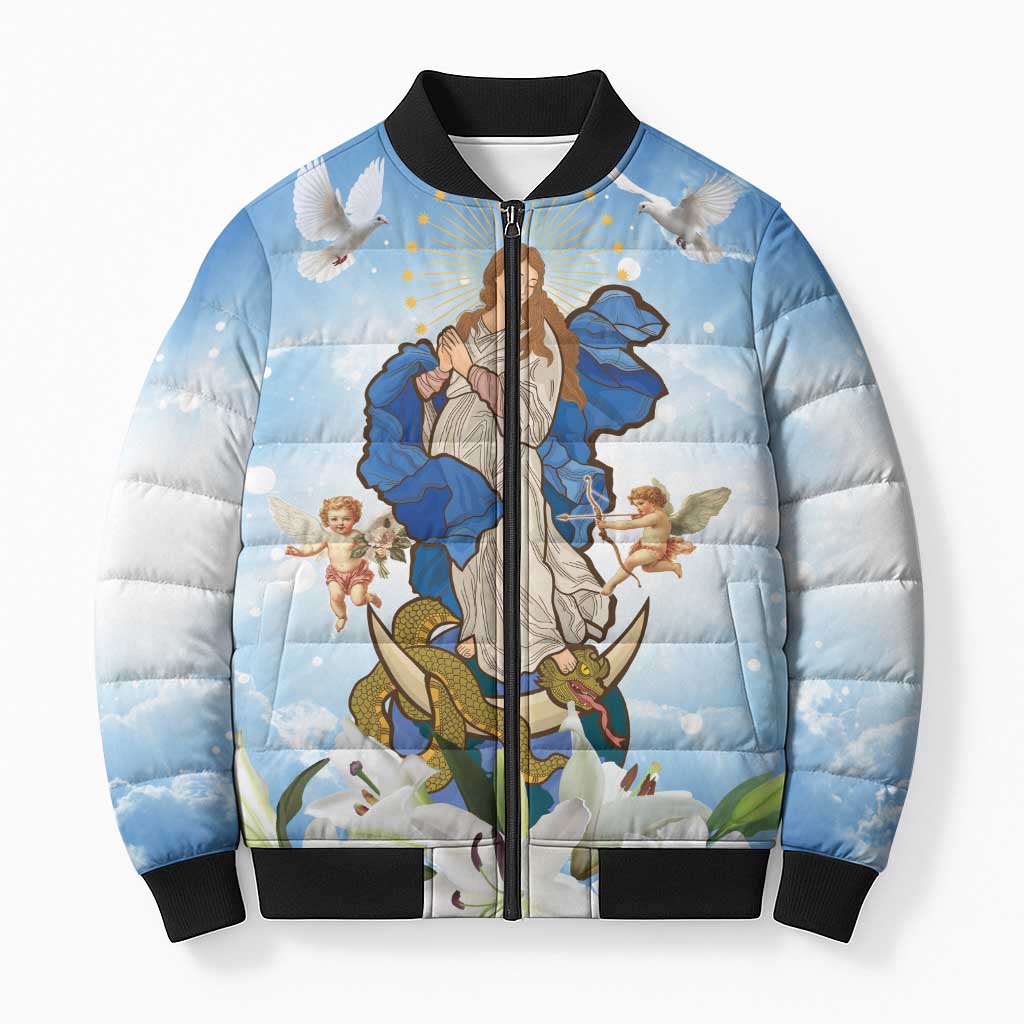 Italy Immaculate Conception Feast Day Bomber Puffer Jacket Virgin Mary with Cross And Lily Flower - Wonder Print Shop