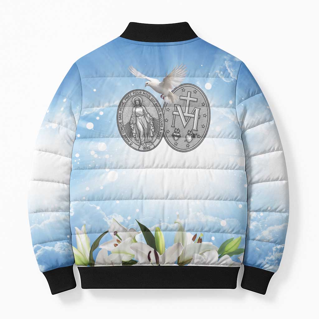 Italy Immaculate Conception Feast Day Bomber Puffer Jacket Virgin Mary with Cross And Lily Flower - Wonder Print Shop