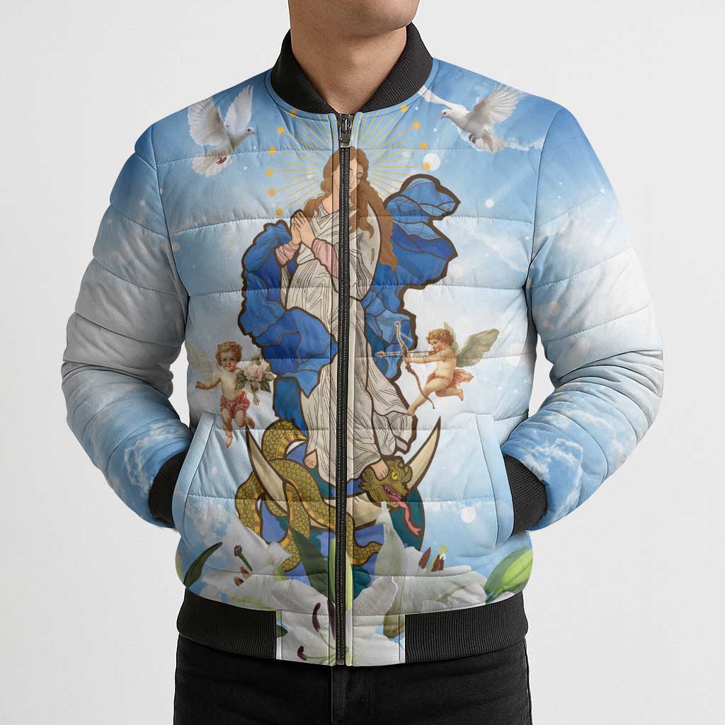 Italy Immaculate Conception Feast Day Bomber Puffer Jacket Virgin Mary with Cross And Lily Flower - Wonder Print Shop