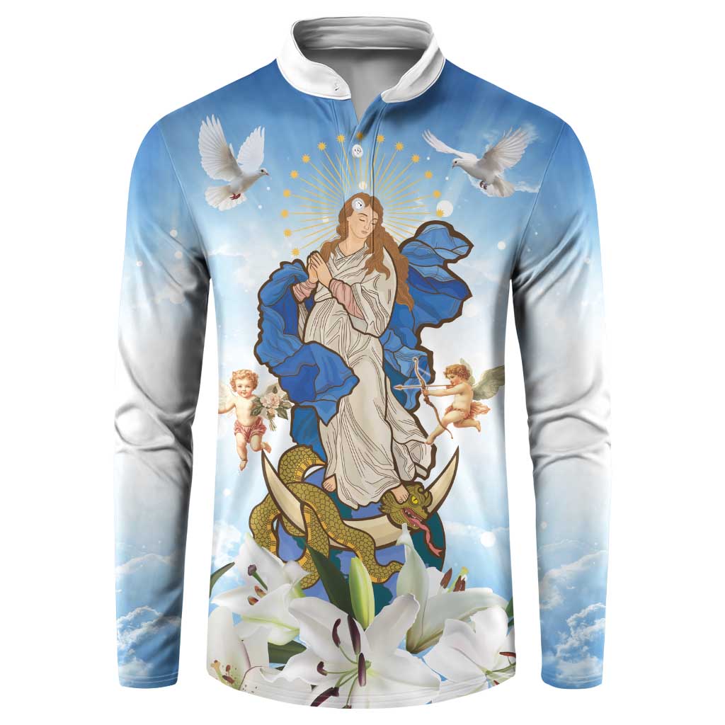 Italy Immaculate Conception Feast Day Button Sweatshirt Virgin Mary with Cross And Lily Flower LT19