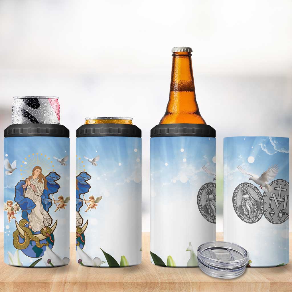 Italy Immaculate Conception Feast Day 4 in 1 Can Cooler Tumbler Virgin Mary with Cross And Lily Flower - Wonder Print Shop