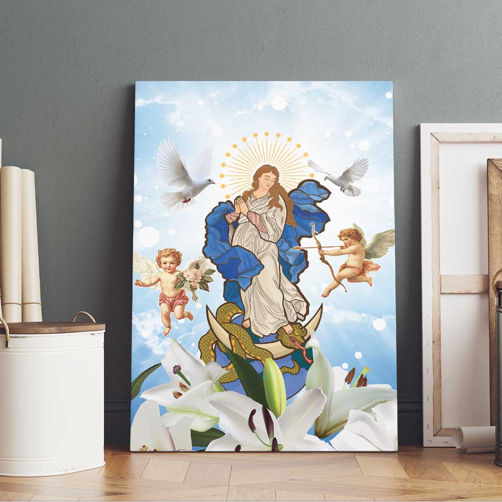 Italy Immaculate Conception Feast Day Canvas Wall Art Virgin Mary with Cross And Lily Flower - Wonder Print Shop